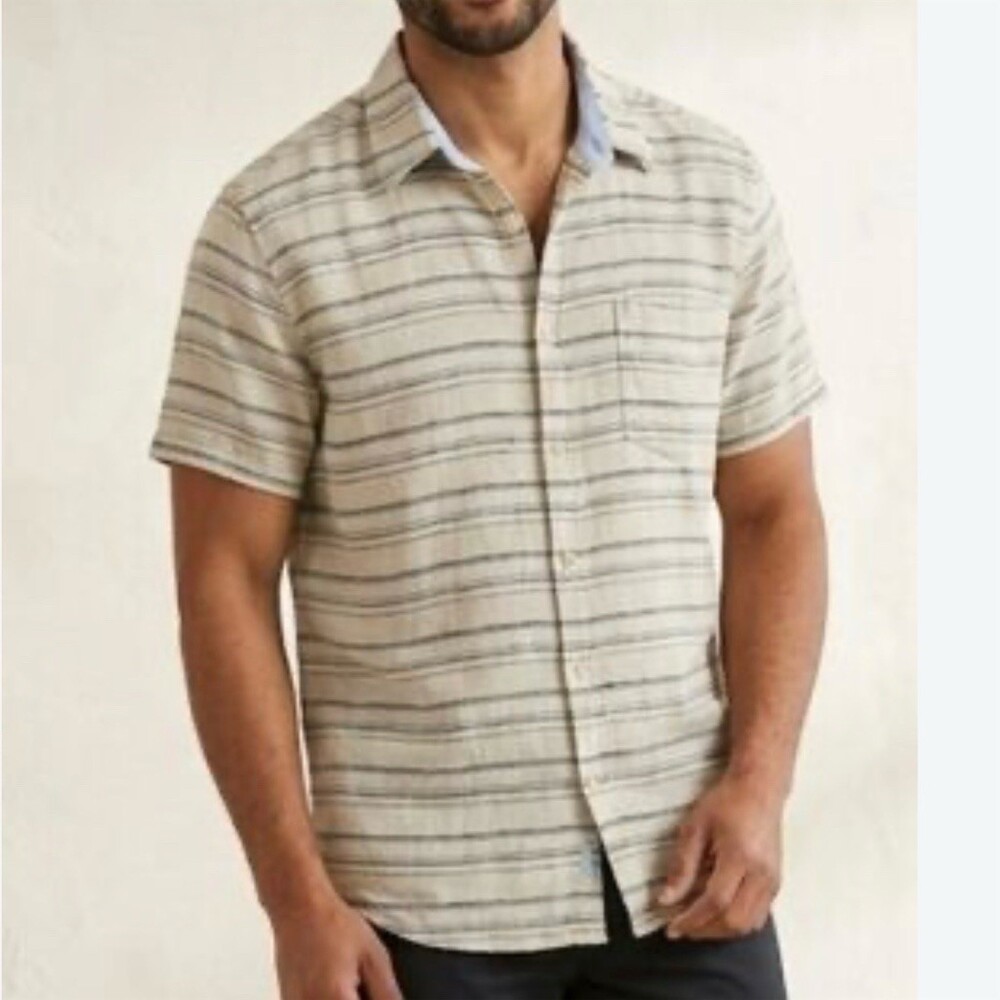 Ben Sherman Button-Up Shirt Men's Size M Beige Striped Short Sleeve Casual